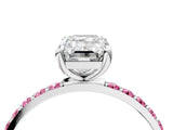 White gold Emerald Cut Diamond Solitaire Ring with Round with Pink Sapphire side stone Pavé Band and Prong Setting_28