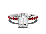 White gold Emerald Cut Diamond Solitaire Ring with Round with Ruby side stone Pavé Band and Four-Prong Setting_12
