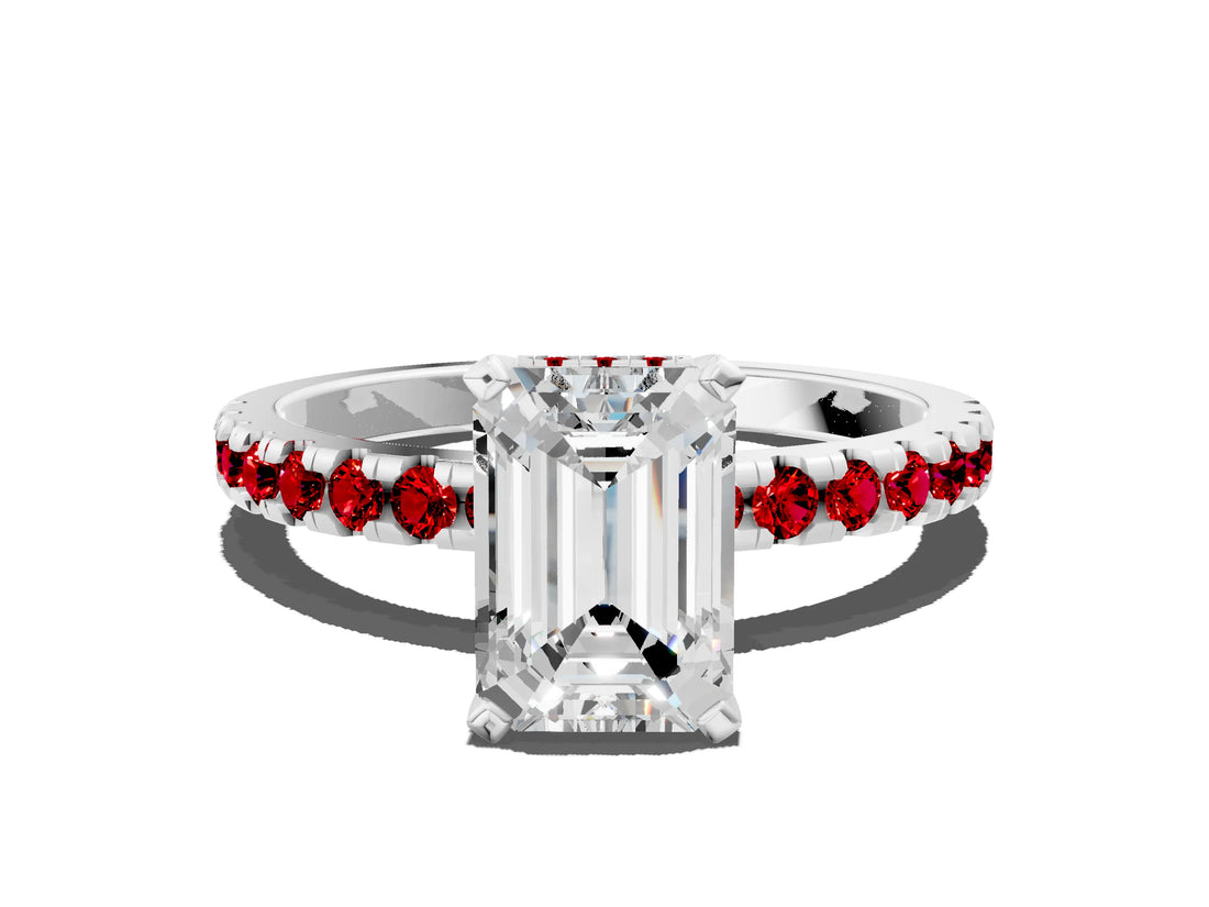White gold Emerald Cut Diamond Solitaire Ring with Round with Ruby side stone Pavé Band and Four-Prong Setting_24
