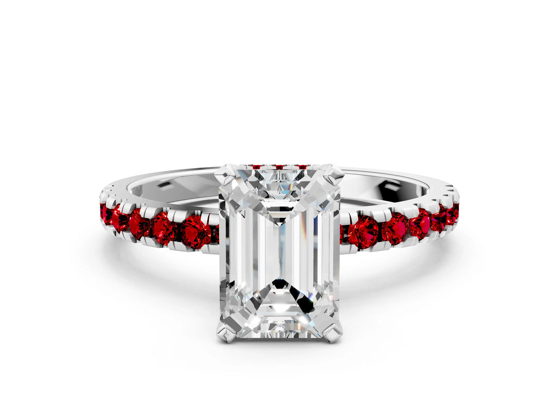 White gold Emerald Cut Diamond Solitaire Ring with Round with Ruby side stone Pavé Band and Four-Prong Setting_36