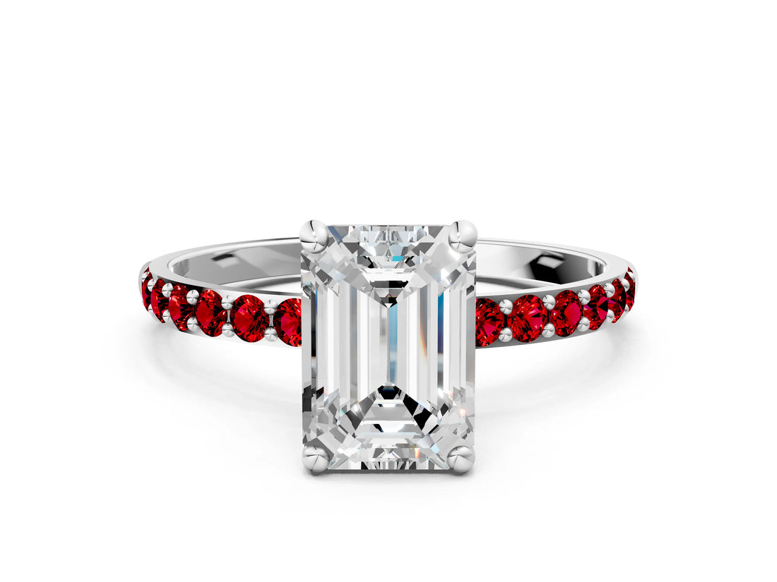 White gold Emerald Cut Diamond Solitaire Ring with Round with Ruby side stone Pavé Band and Prong Setting_48