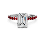 White gold Emerald Cut Diamond Solitaire Ring with Round with Ruby side stone Pavé Band and Prong Setting_48