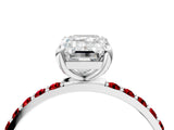 White gold Emerald Cut Diamond Solitaire Ring with Round with Ruby side stone Pavé Band and Prong Setting_52