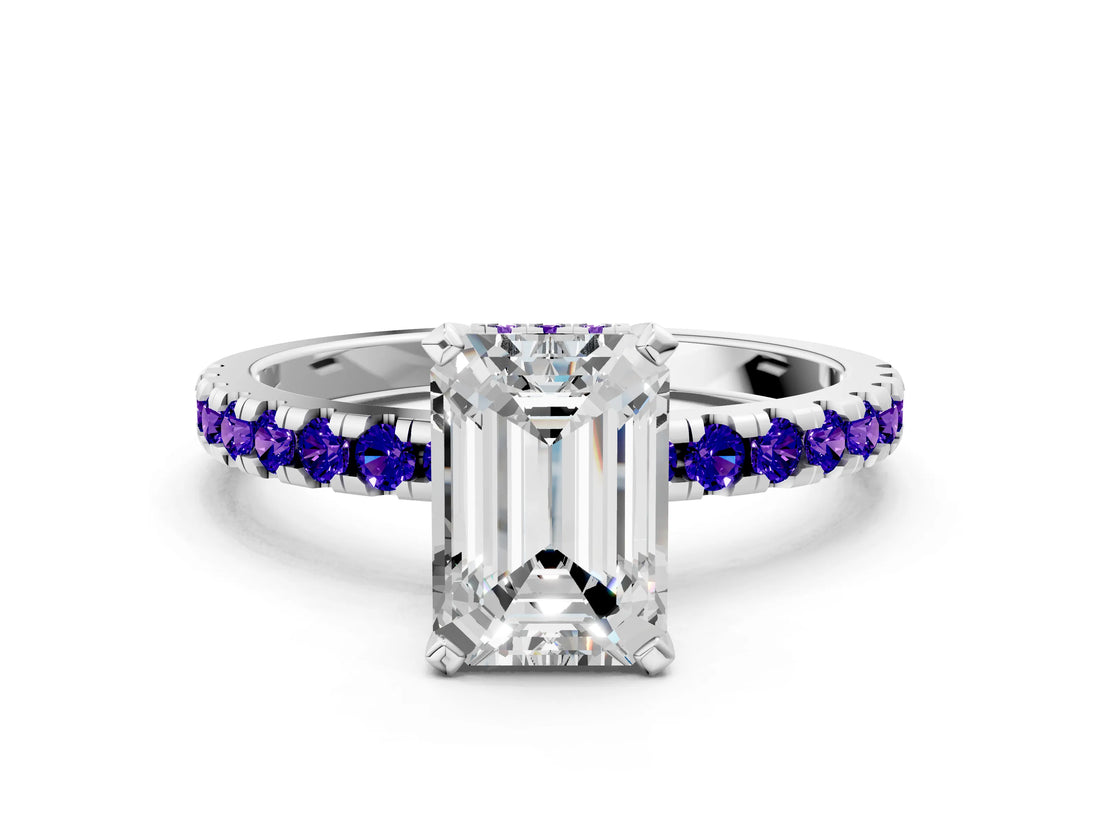 White gold Emerald Cut Diamond Solitaire Ring with Round with Tanzanite side stone Pavé Band and Four-Prong Setting
