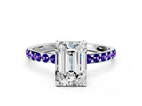White gold Emerald Cut Diamond Solitaire Ring with Round with Tanzanite side stone Pavé Band and Prong Setting_12