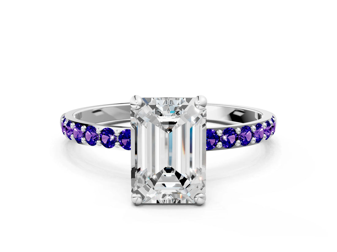 White gold Emerald Cut Diamond Solitaire Ring with Round with Tanzanite side stone Pavé Band and Prong Setting_19