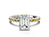 White gold Emerald Cut Diamond Solitaire Ring with Round with Yellow Sapphire side stone Pavé Band and Four-Prong Setting_12