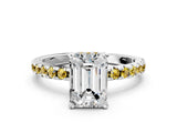 White gold Emerald Cut Diamond Solitaire Ring with Round with Yellow Sapphire side stone Pavé Band and Four-Prong Setting_36