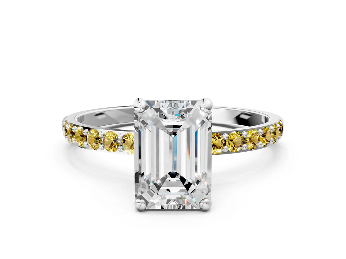 White gold Emerald Cut Diamond Solitaire Ring with Round with Yellow Sapphire side stone Pavé Band and Prong Setting_36