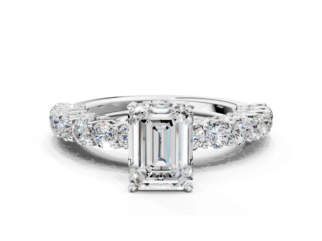 White gold Emerald Cut Diamond Solitaire Ring with Shared Prong Pavé Band and Four-Prong Setting_129