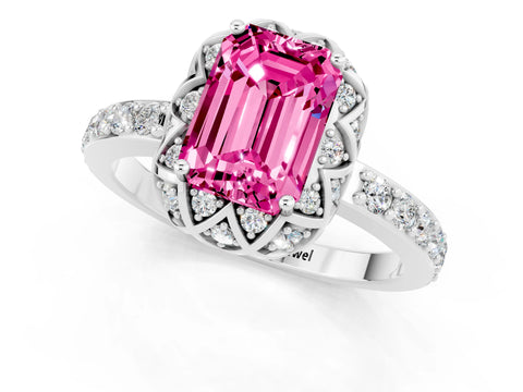 White gold Emerald Cut Diamond Solitaire Ring with Shared Prong Pavé Band_1