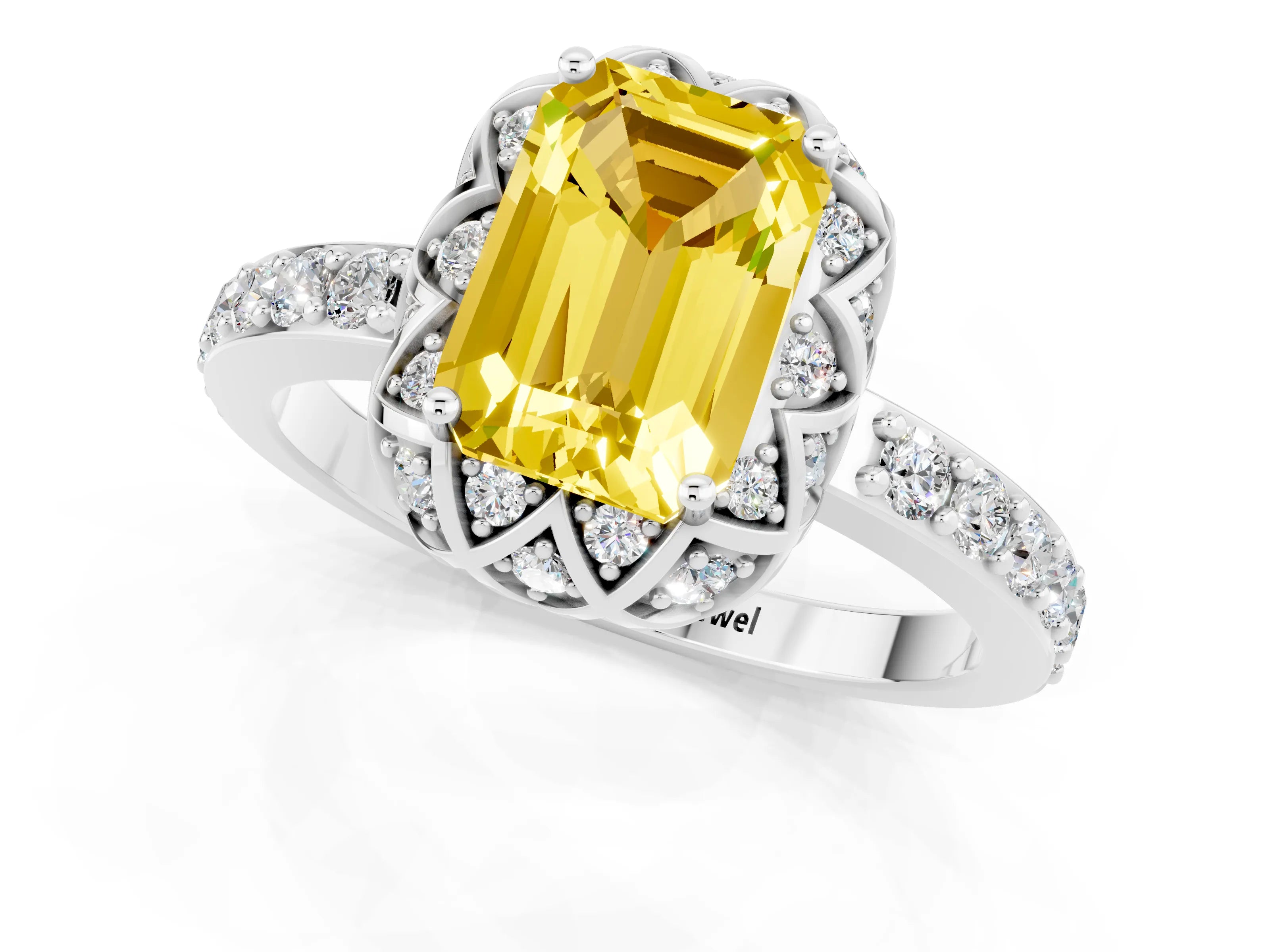 White gold Emerald Cut Diamond Solitaire Ring with Shared Prong Pavé Band_1