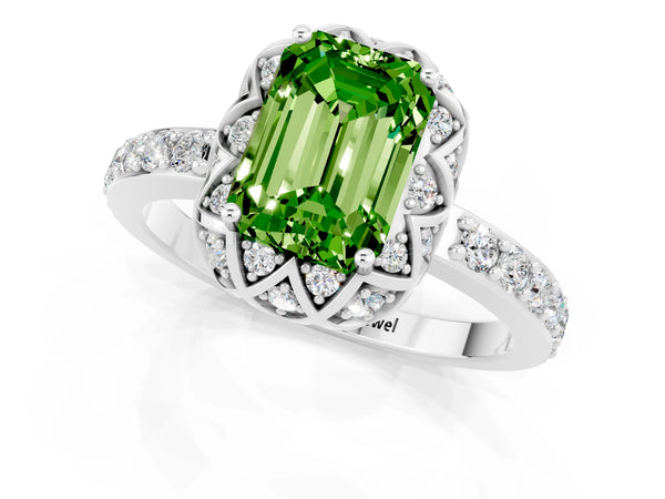 Platinum Emerald Cut Diamond Solitaire Ring with Shared Prong Pavé Band