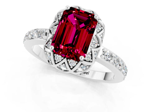 White gold Emerald Cut Diamond Solitaire Ring with Shared Prong Pavé Band_1