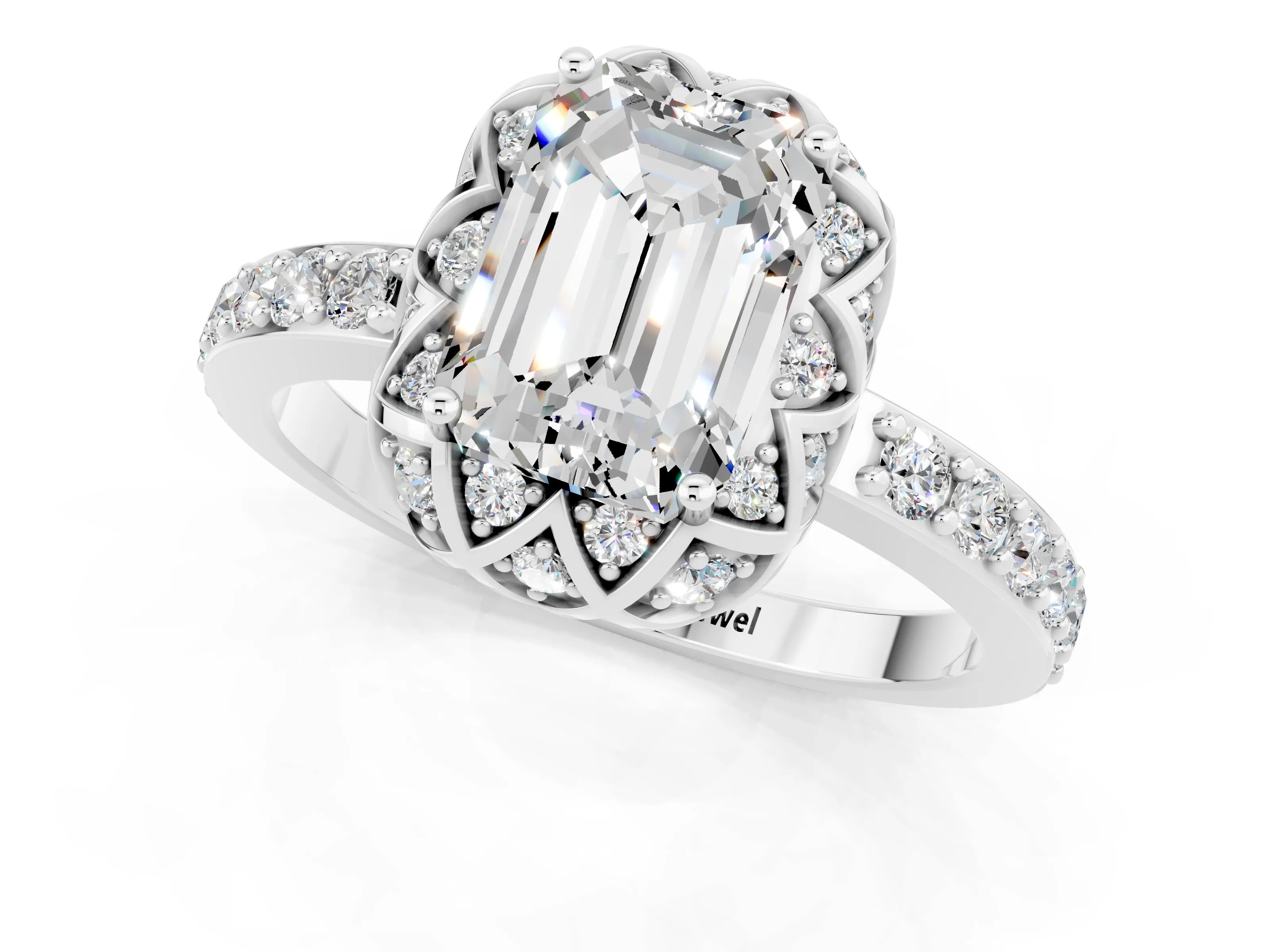 White gold Emerald Cut Diamond Solitaire Ring with Shared Prong Pavé Band_1