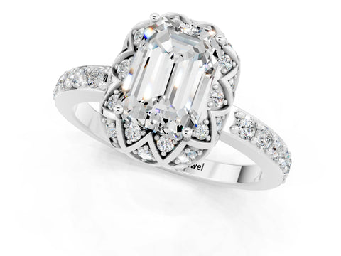 White gold Emerald Cut Diamond Solitaire Ring with Shared Prong Pavé Band_1