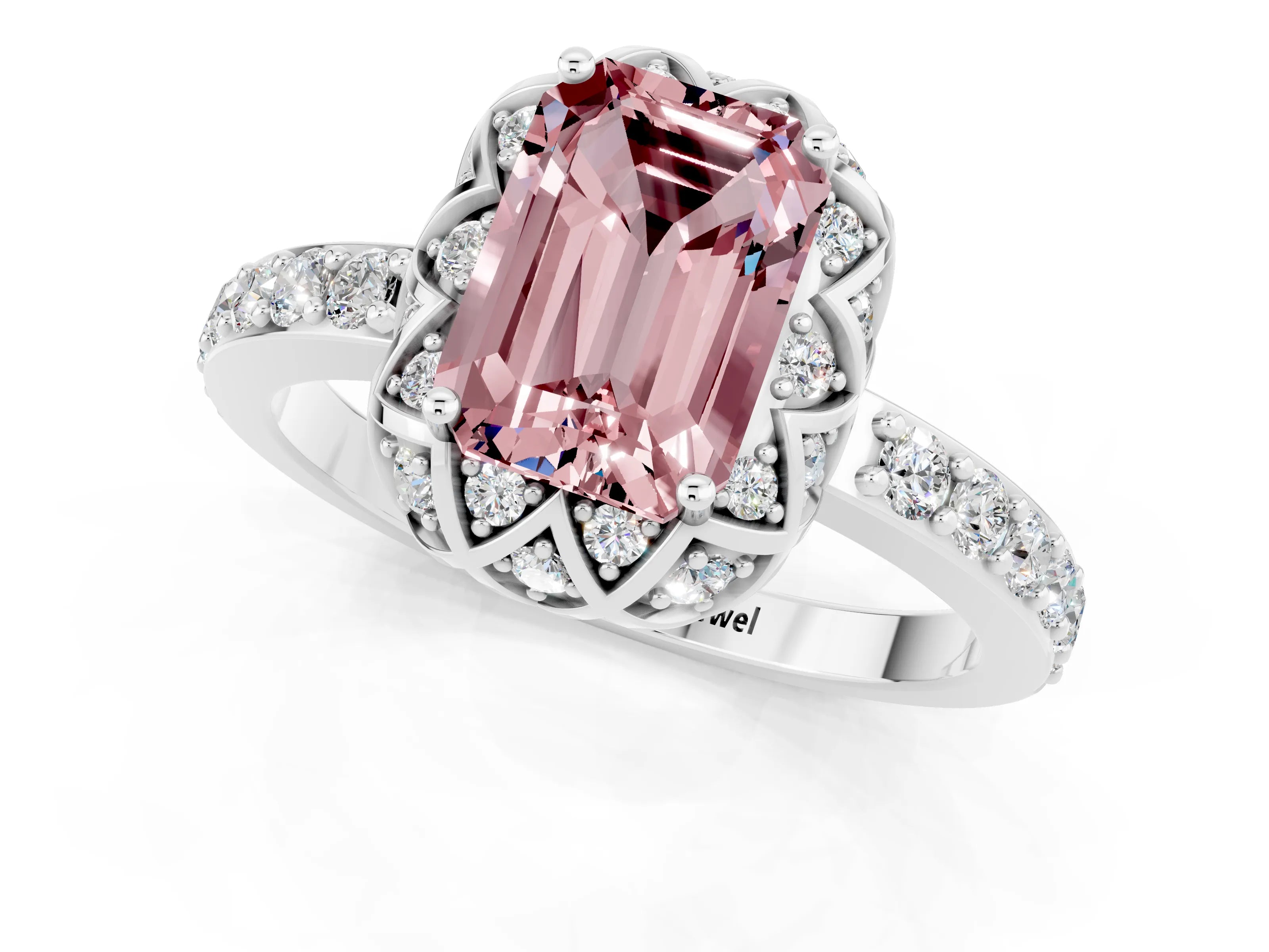 White gold Emerald Cut Diamond Solitaire Ring with Shared Prong Pavé Band_1