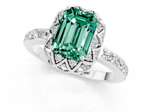 Platinum Emerald Cut Green Sapphire Scalloped Halo Engagement Ring with Round Shared Prong Band