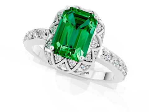 White gold Emerald Cut Diamond Solitaire Ring with Shared Prong Pavé Band_1