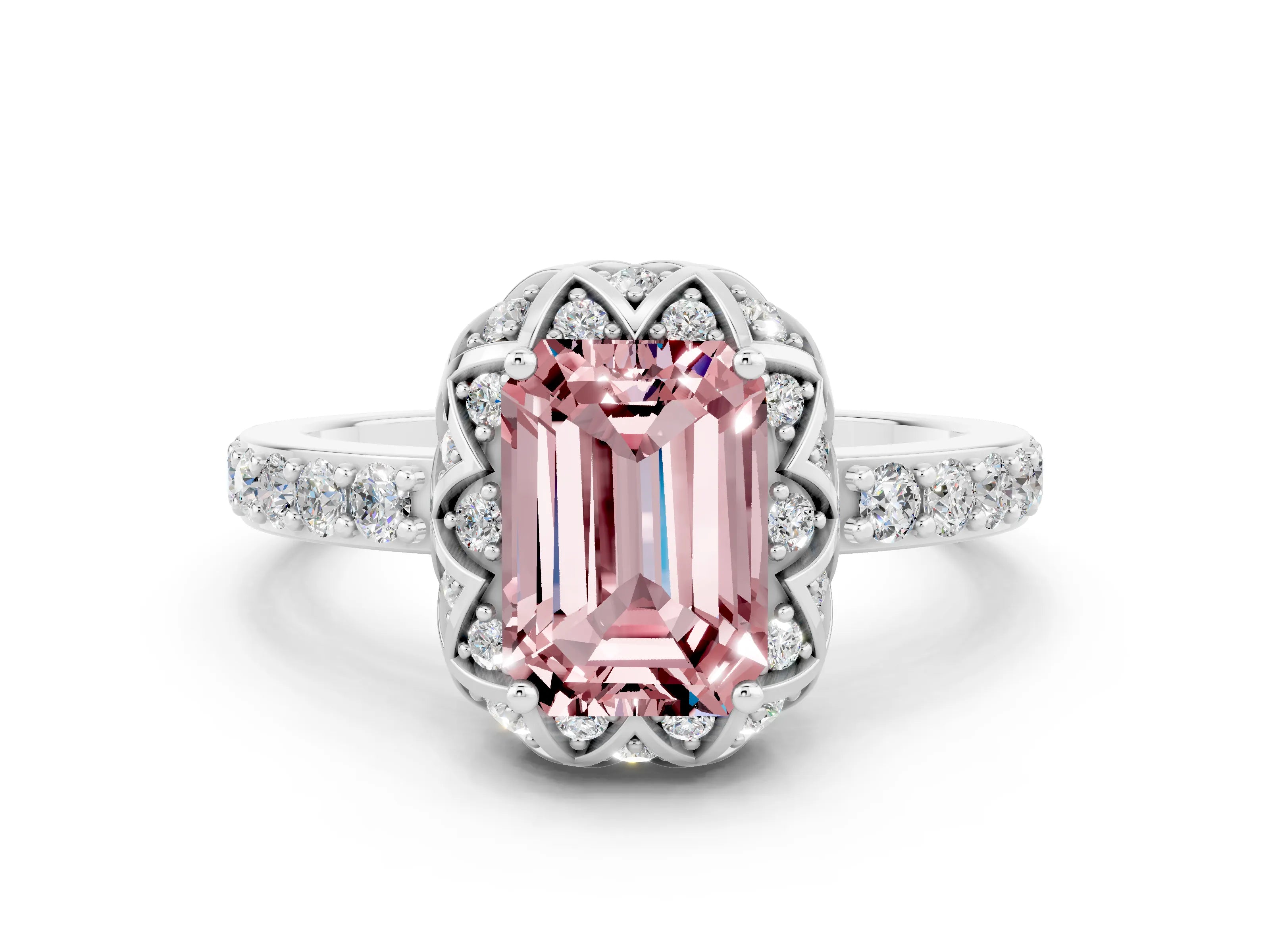 White gold Emerald Cut Diamond Solitaire Ring with Shared Prong Pavé Band