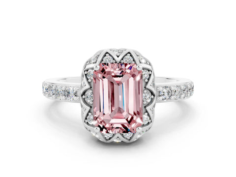 White gold Emerald Cut Diamond Solitaire Ring with Shared Prong Pavé Band