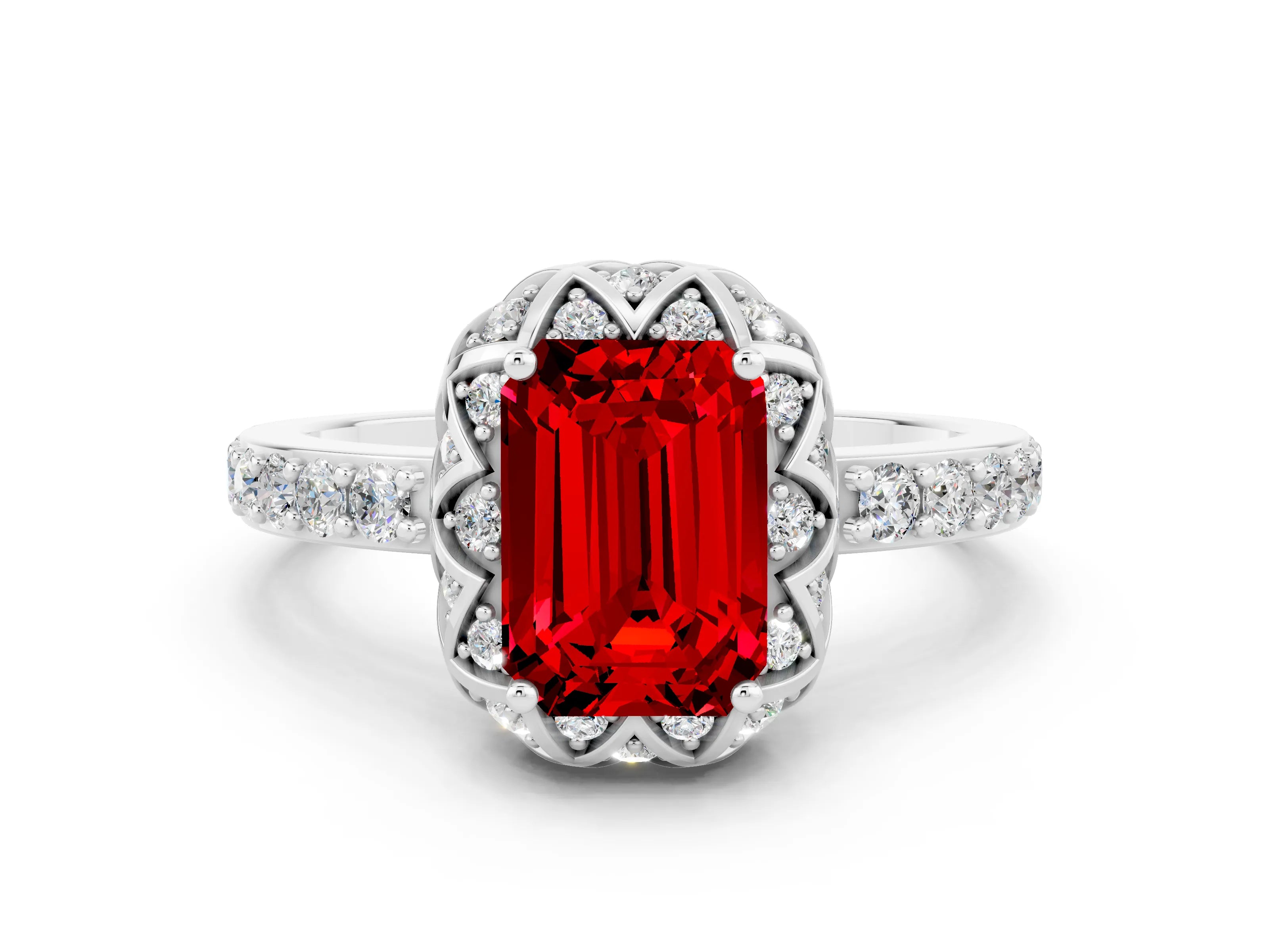 White gold Emerald Cut Diamond Solitaire Ring with Shared Prong Pavé Band