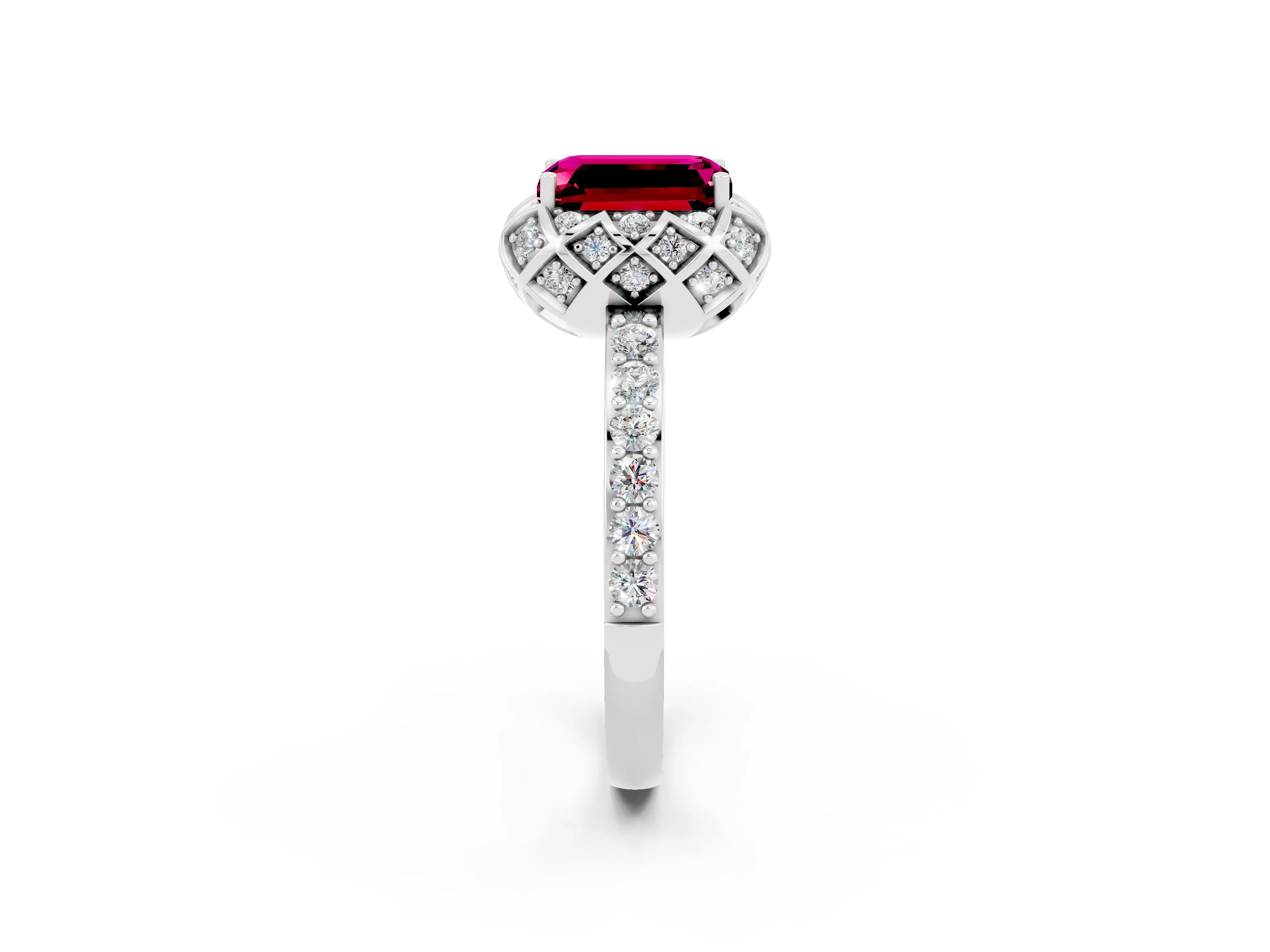 White gold Emerald Cut Diamond Solitaire Ring with Shared Prong Pavé Band_2