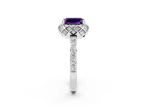 White gold Emerald Cut Diamond Solitaire Ring with Shared Prong Pavé Band_2