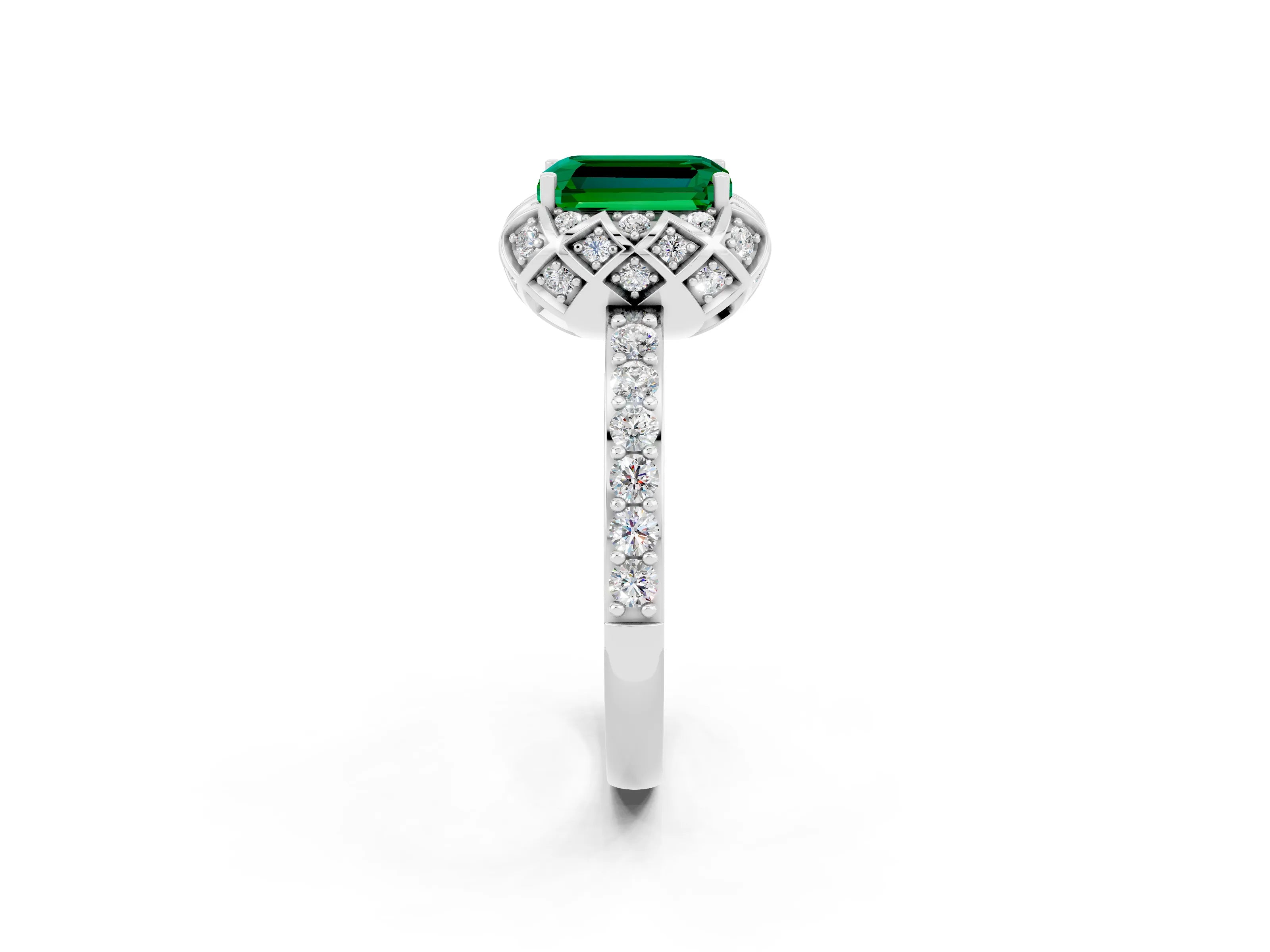 White gold Emerald Cut Diamond Solitaire Ring with Shared Prong Pavé Band_2