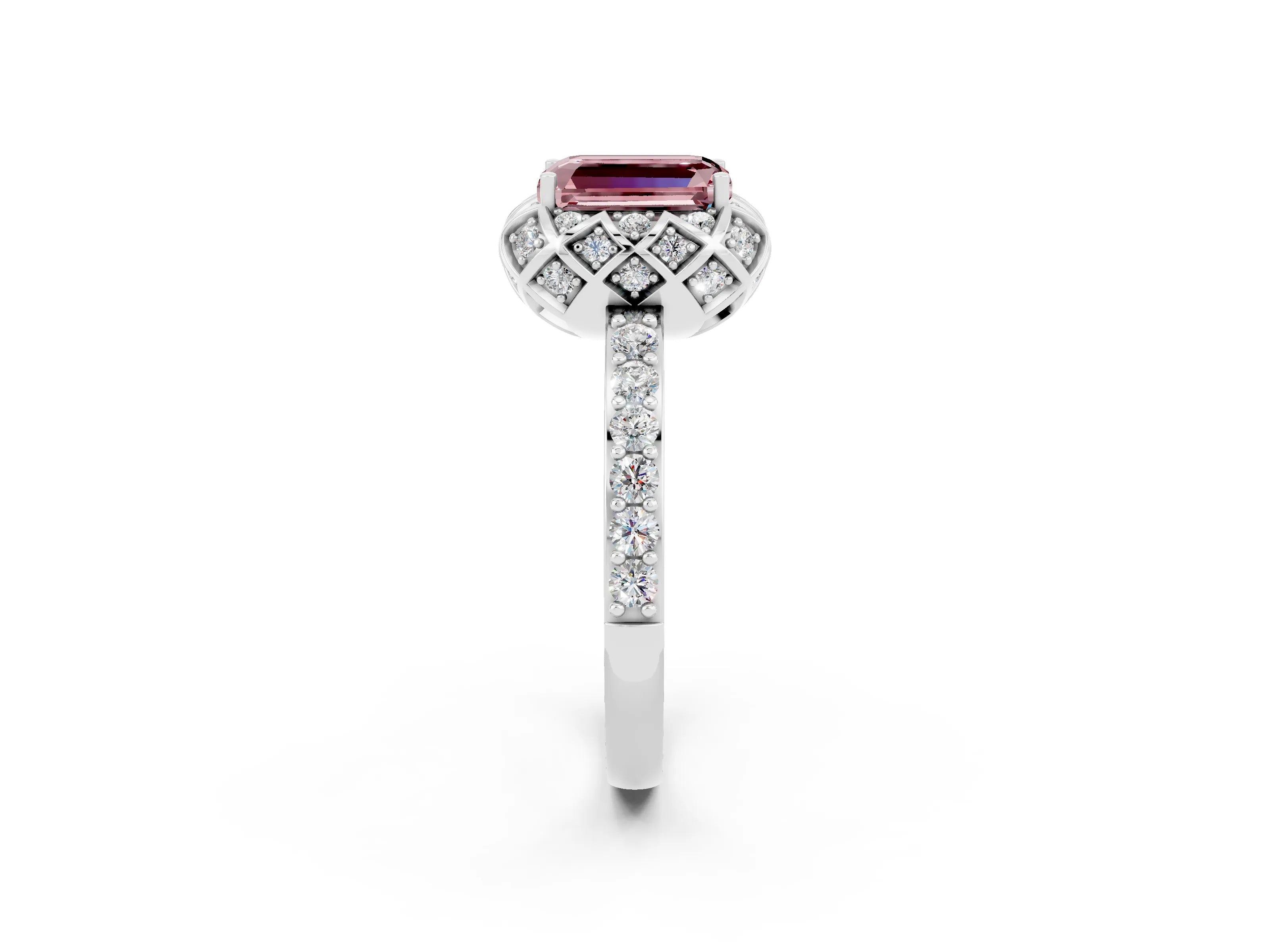 White gold Emerald Cut Diamond Solitaire Ring with Shared Prong Pavé Band_2