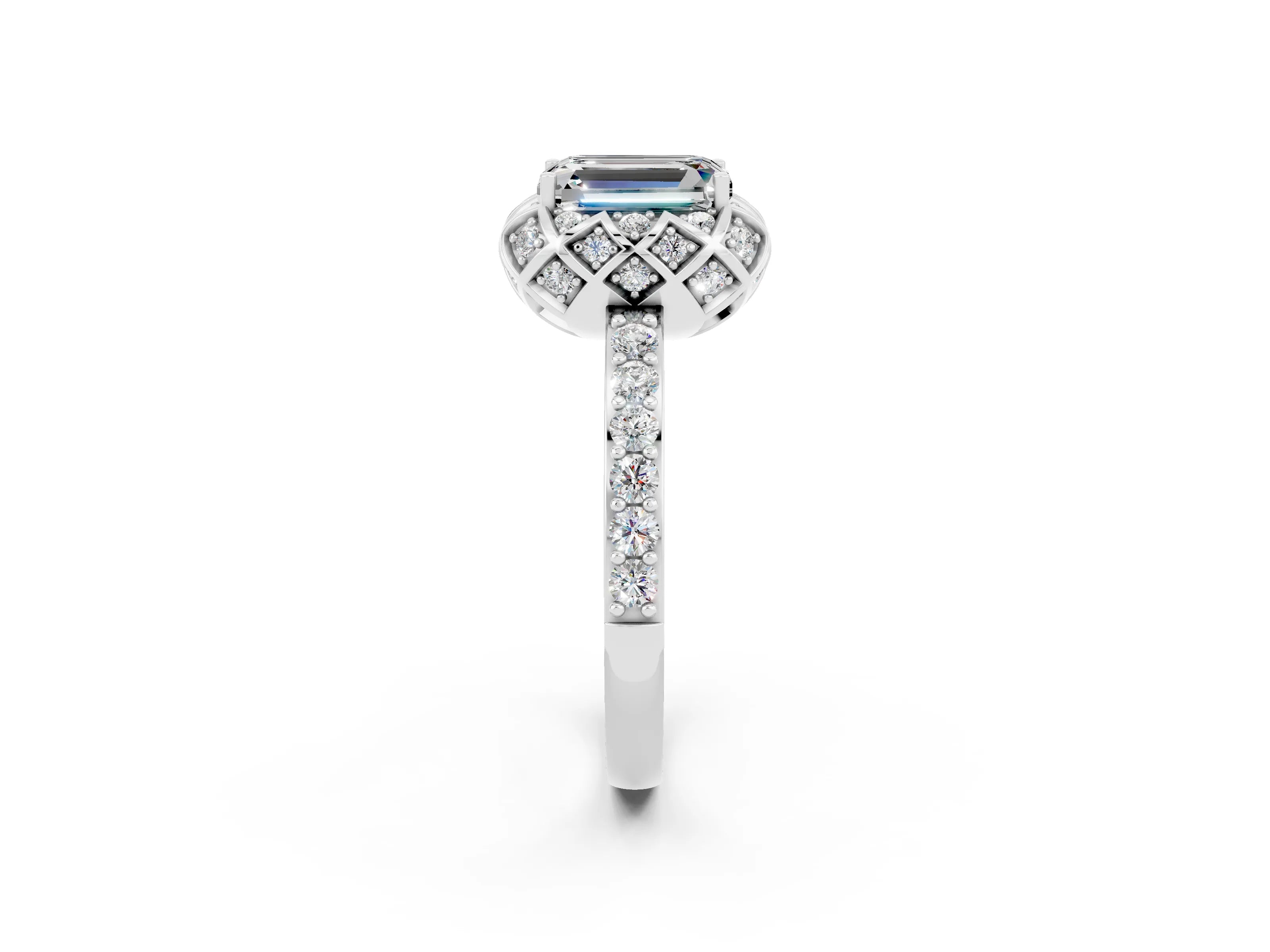White gold Emerald Cut Diamond Solitaire Ring with Shared Prong Pavé Band_2