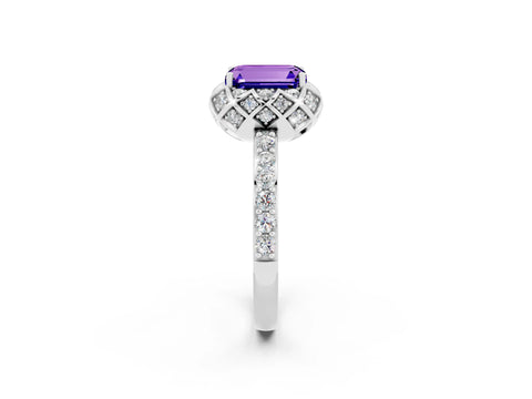 White gold Emerald Cut Diamond Solitaire Ring with Shared Prong Pavé Band_2