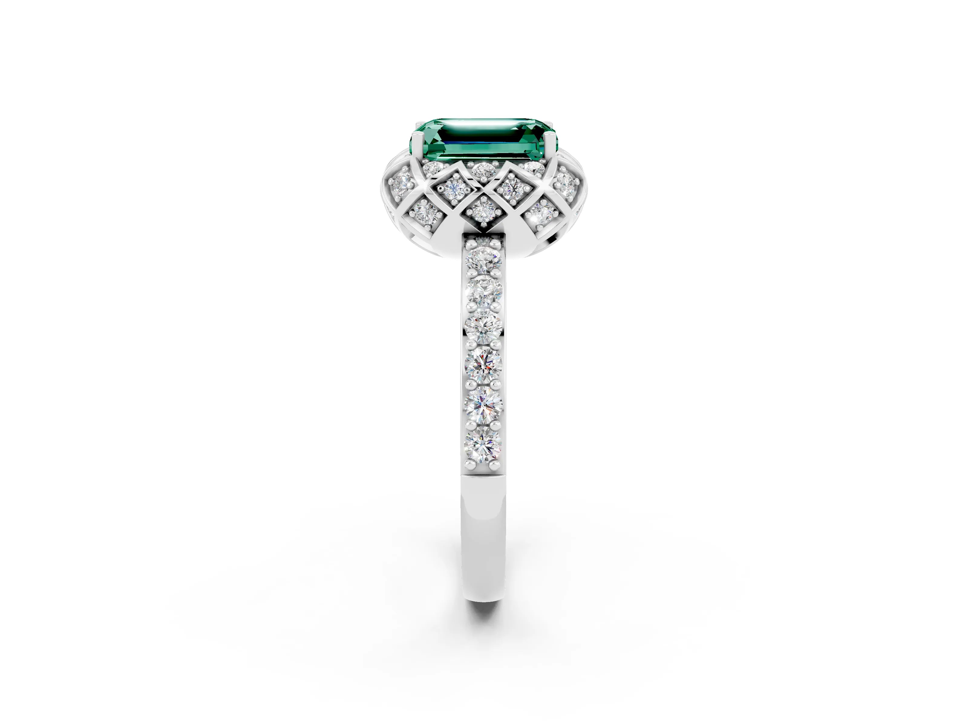 White gold Emerald Cut Diamond Solitaire Ring with Shared Prong Pavé Band_2