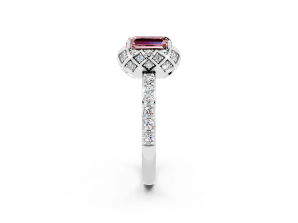 Platinum Emerald Cut Diamond Solitaire Ring with Shared Prong Pavé Band