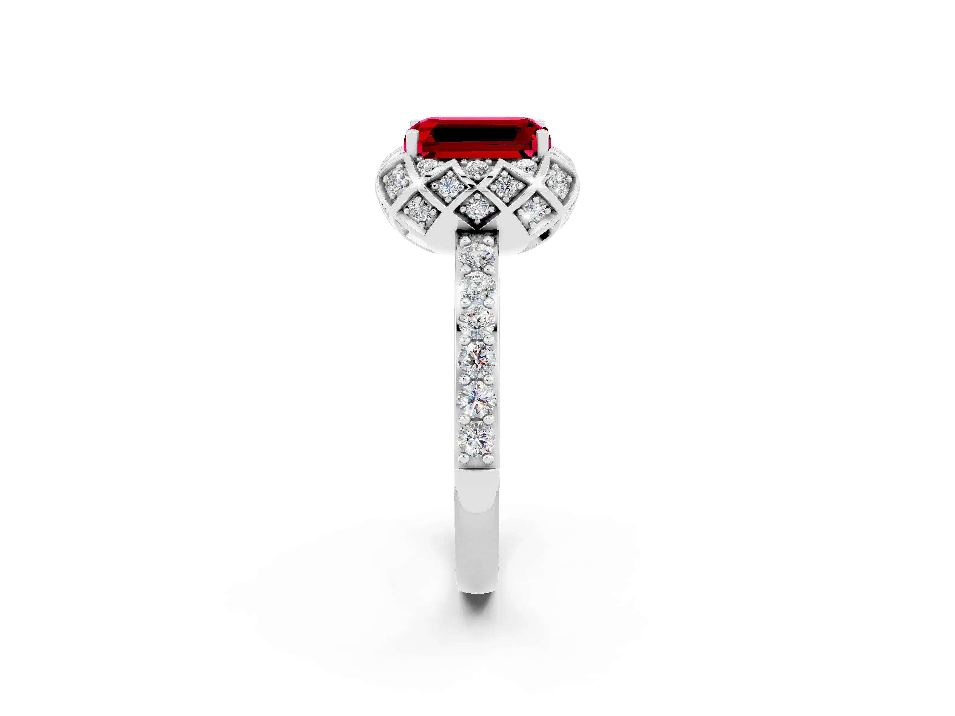 White gold Emerald Cut Diamond Solitaire Ring with Shared Prong Pavé Band_2