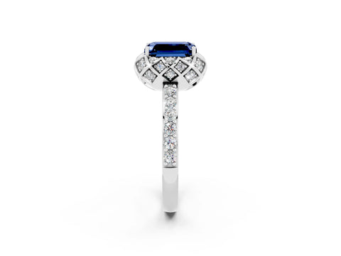 White gold Emerald Cut Diamond Solitaire Ring with Shared Prong Pavé Band_2