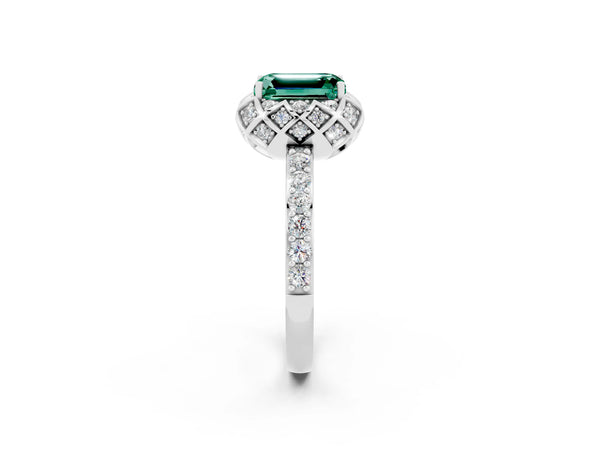 White gold Emerald Cut Green Sapphire Scalloped Halo Engagement Ring with Round Shared Prong Band