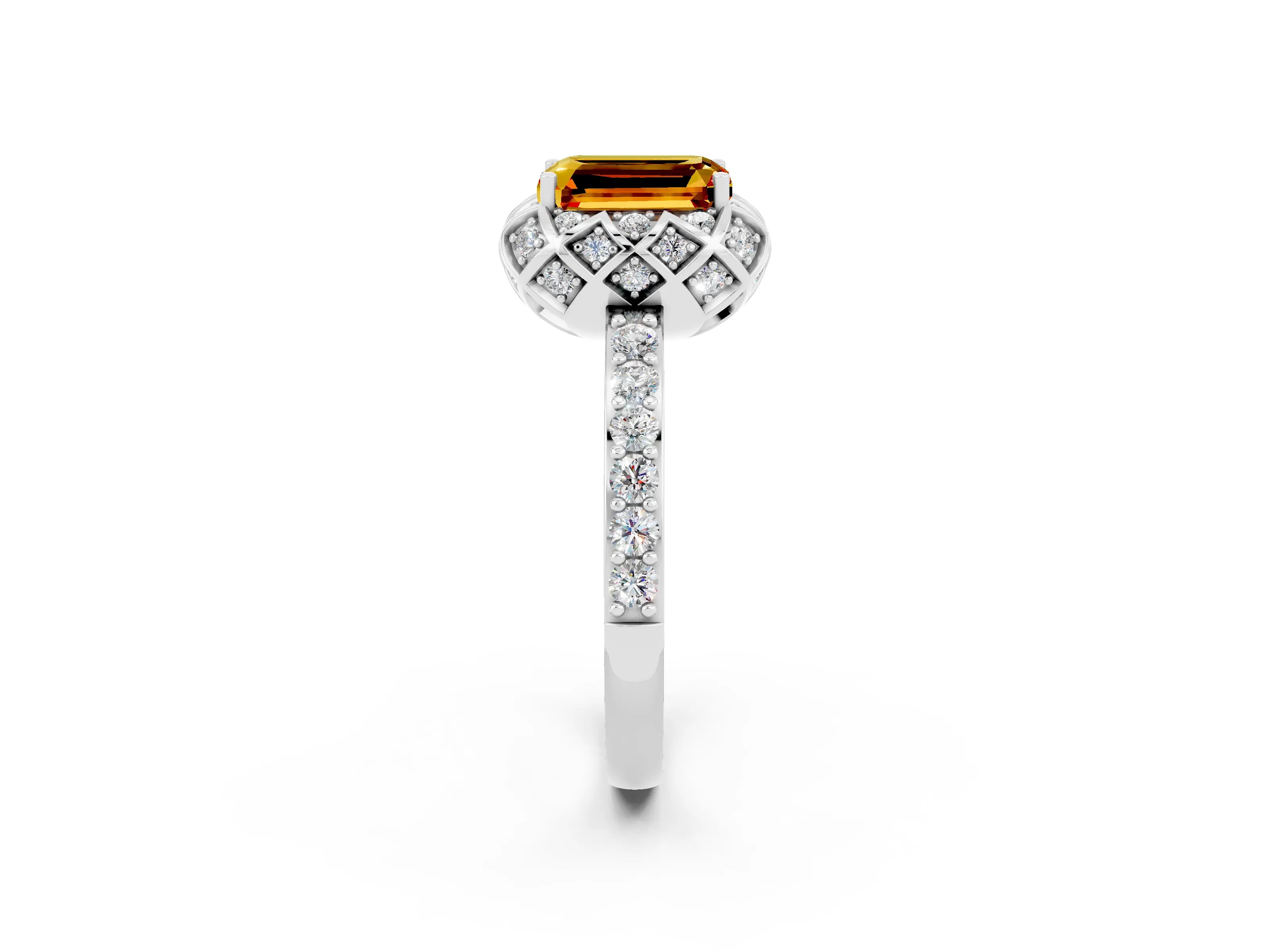 White gold Emerald Cut Diamond Solitaire Ring with Shared Prong Pavé Band_2