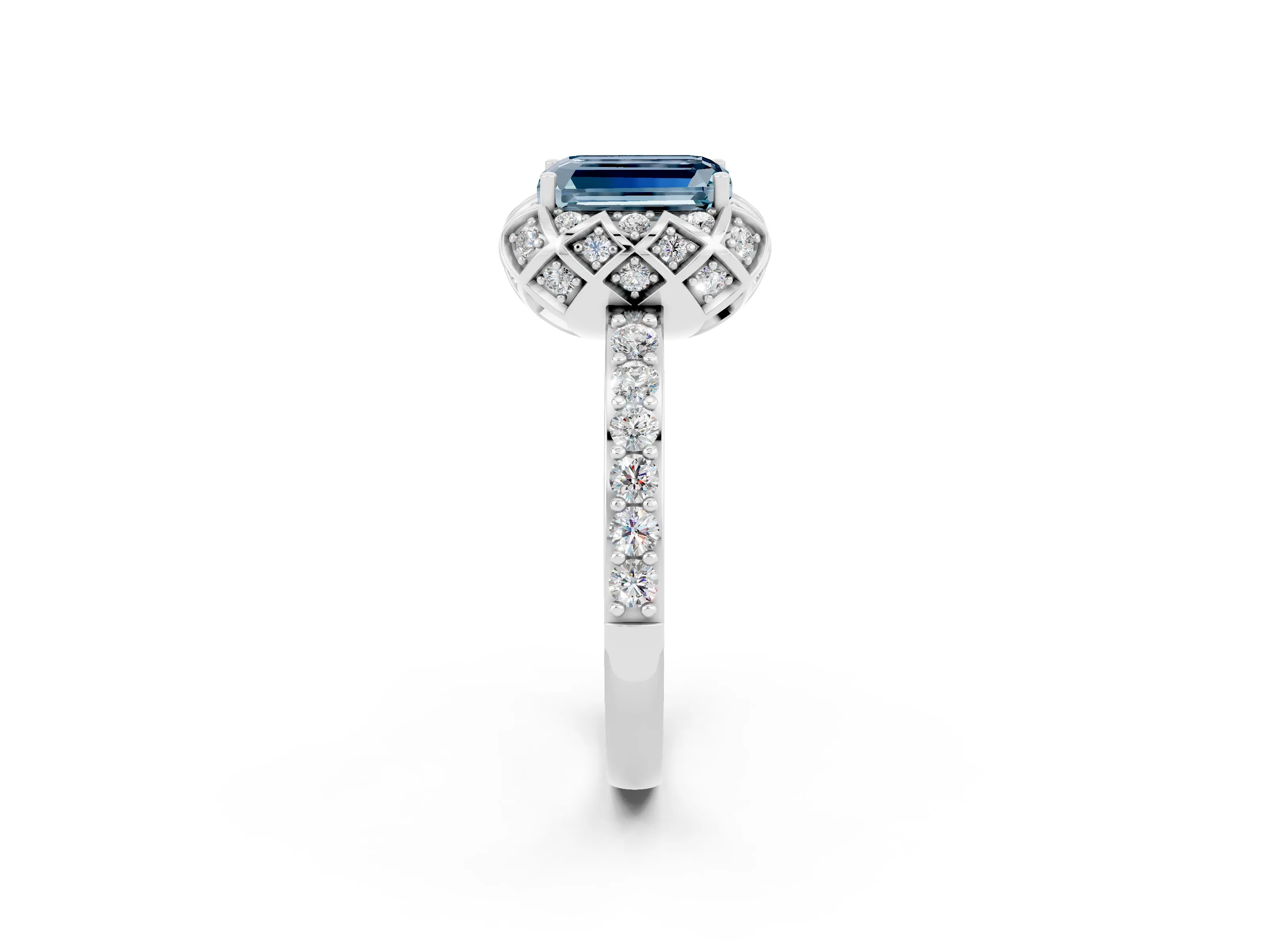 White gold Emerald Cut Diamond Solitaire Ring with Shared Prong Pavé Band_2