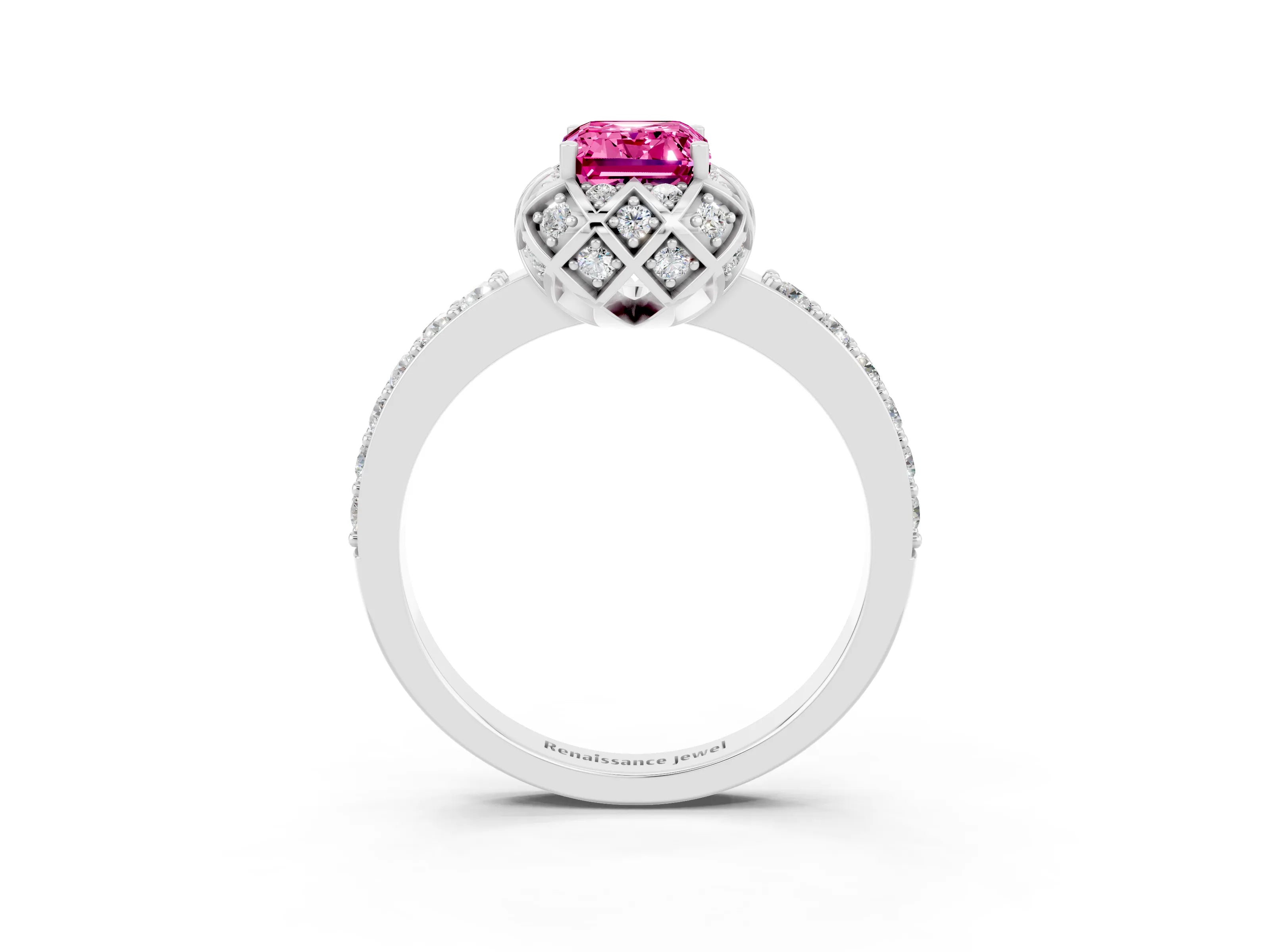 White gold Emerald Cut Diamond Solitaire Ring with Shared Prong Pavé Band_3