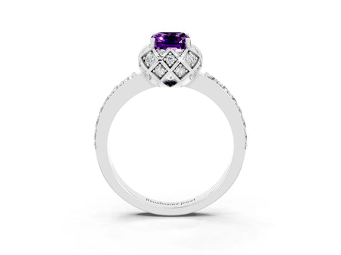 White gold Emerald Cut Diamond Solitaire Ring with Shared Prong Pavé Band_3
