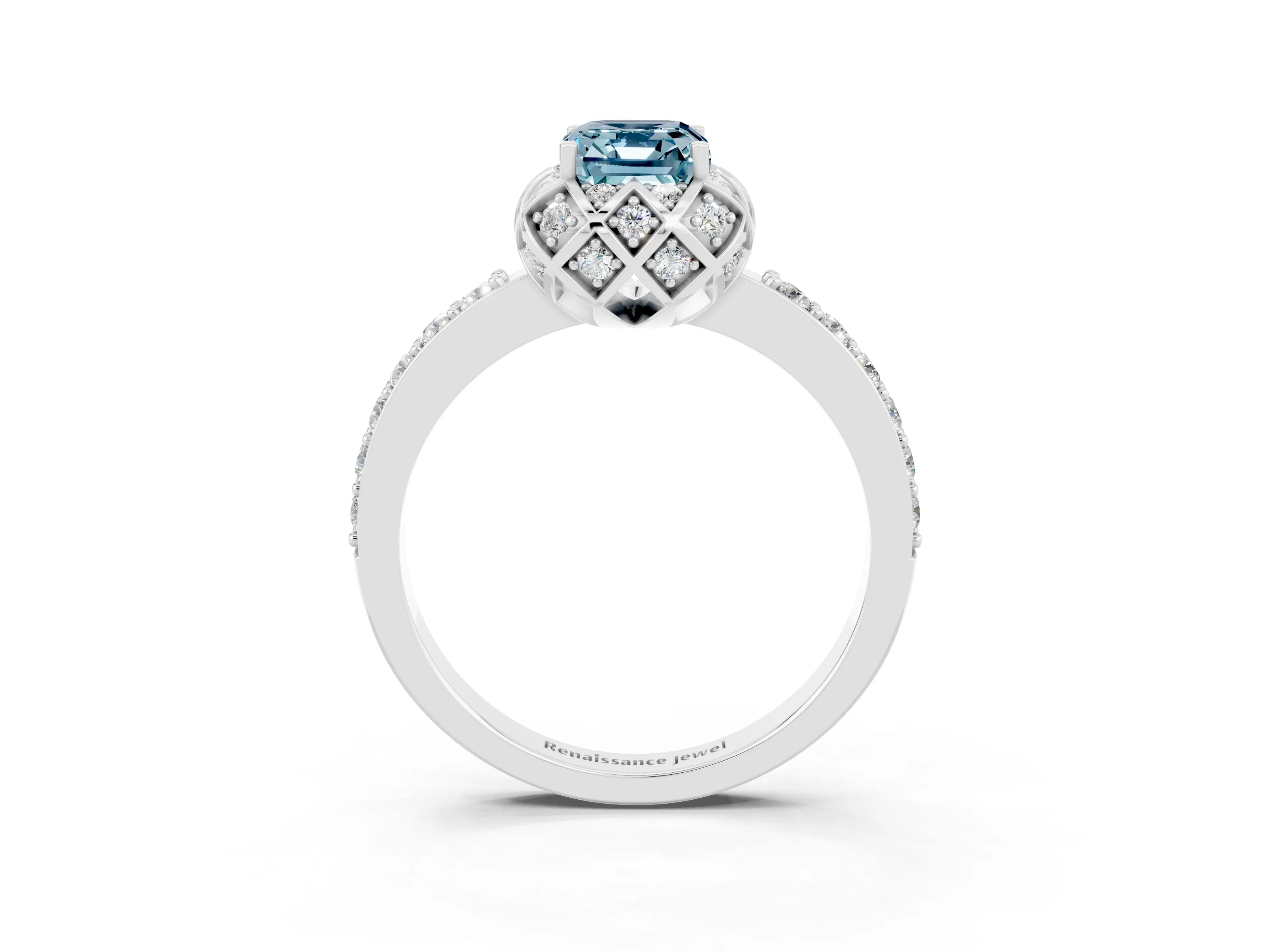 White gold Emerald Cut Diamond Solitaire Ring with Shared Prong Pavé Band_3
