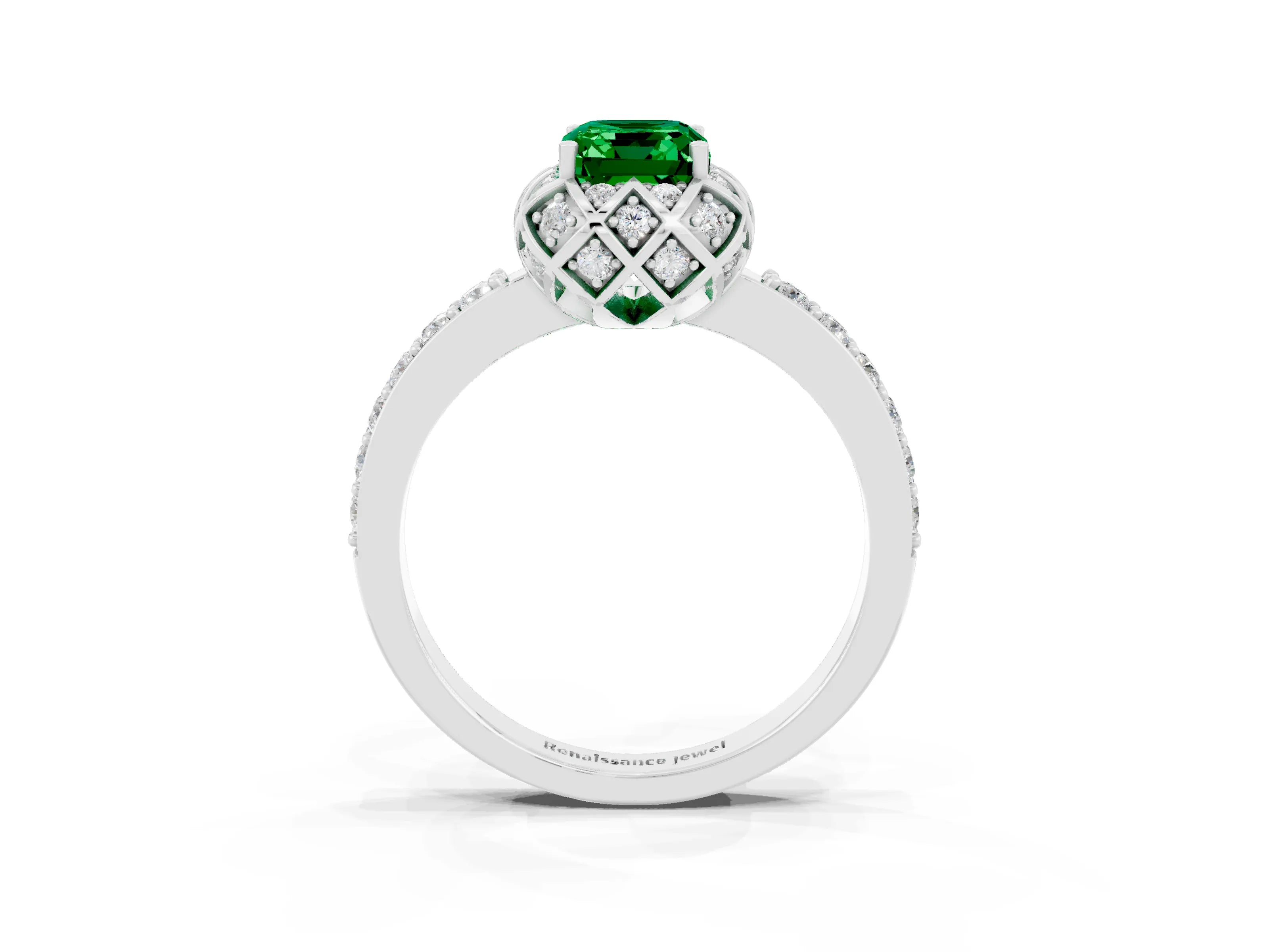 White gold Emerald Cut Diamond Solitaire Ring with Shared Prong Pavé Band_3