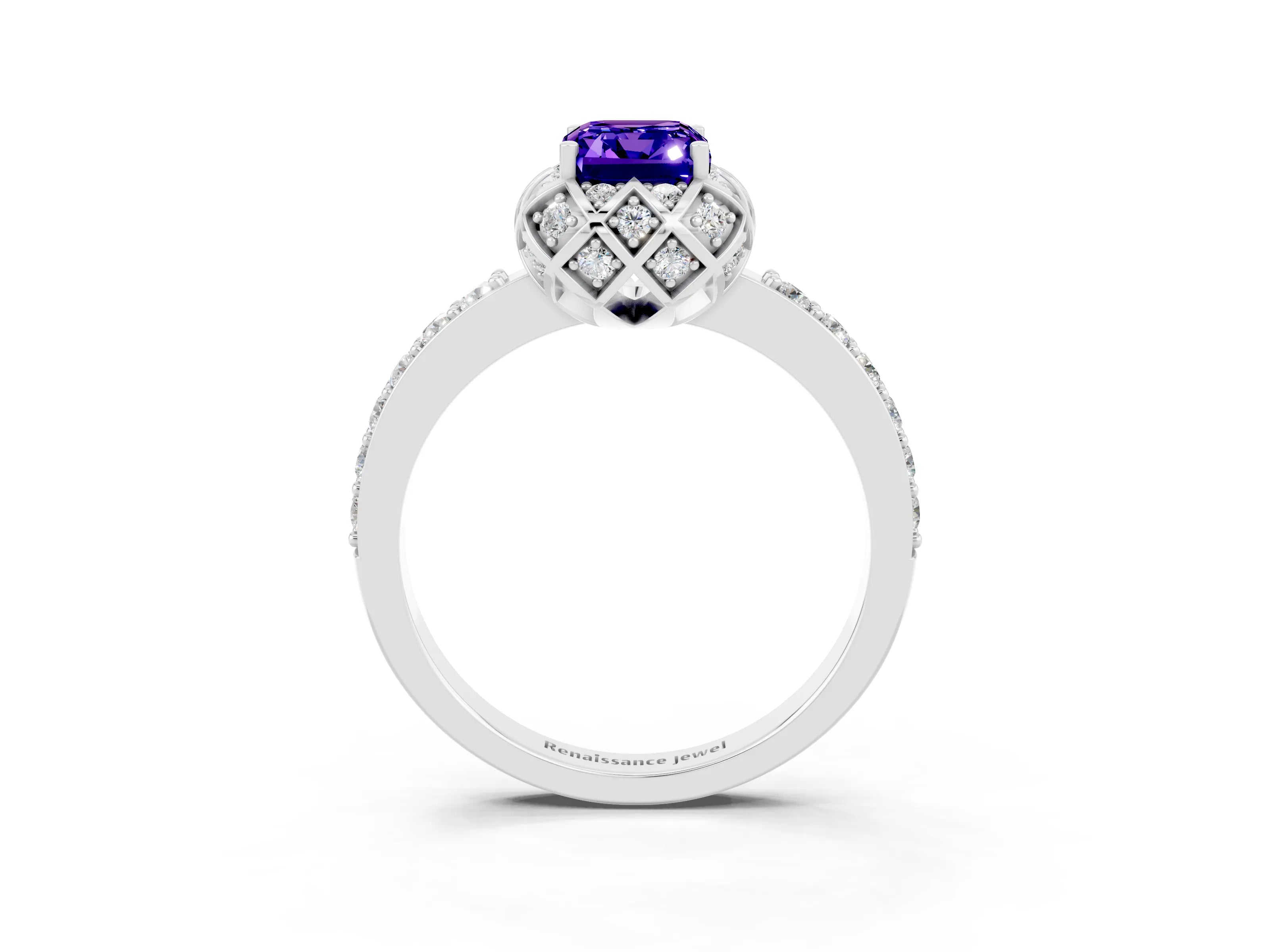 White gold Emerald Cut Diamond Solitaire Ring with Shared Prong Pavé Band_3
