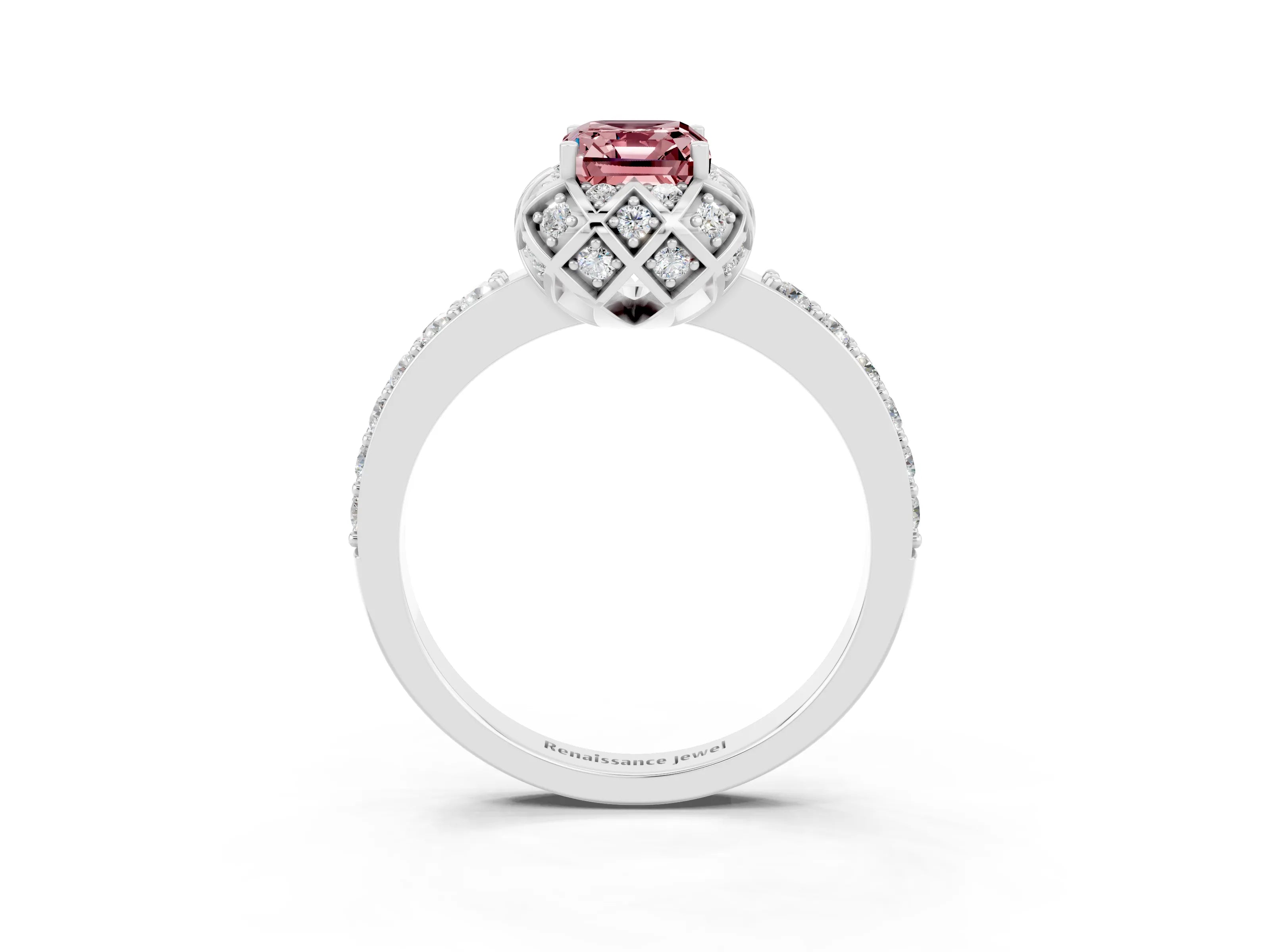 White gold Emerald Cut Diamond Solitaire Ring with Shared Prong Pavé Band_3