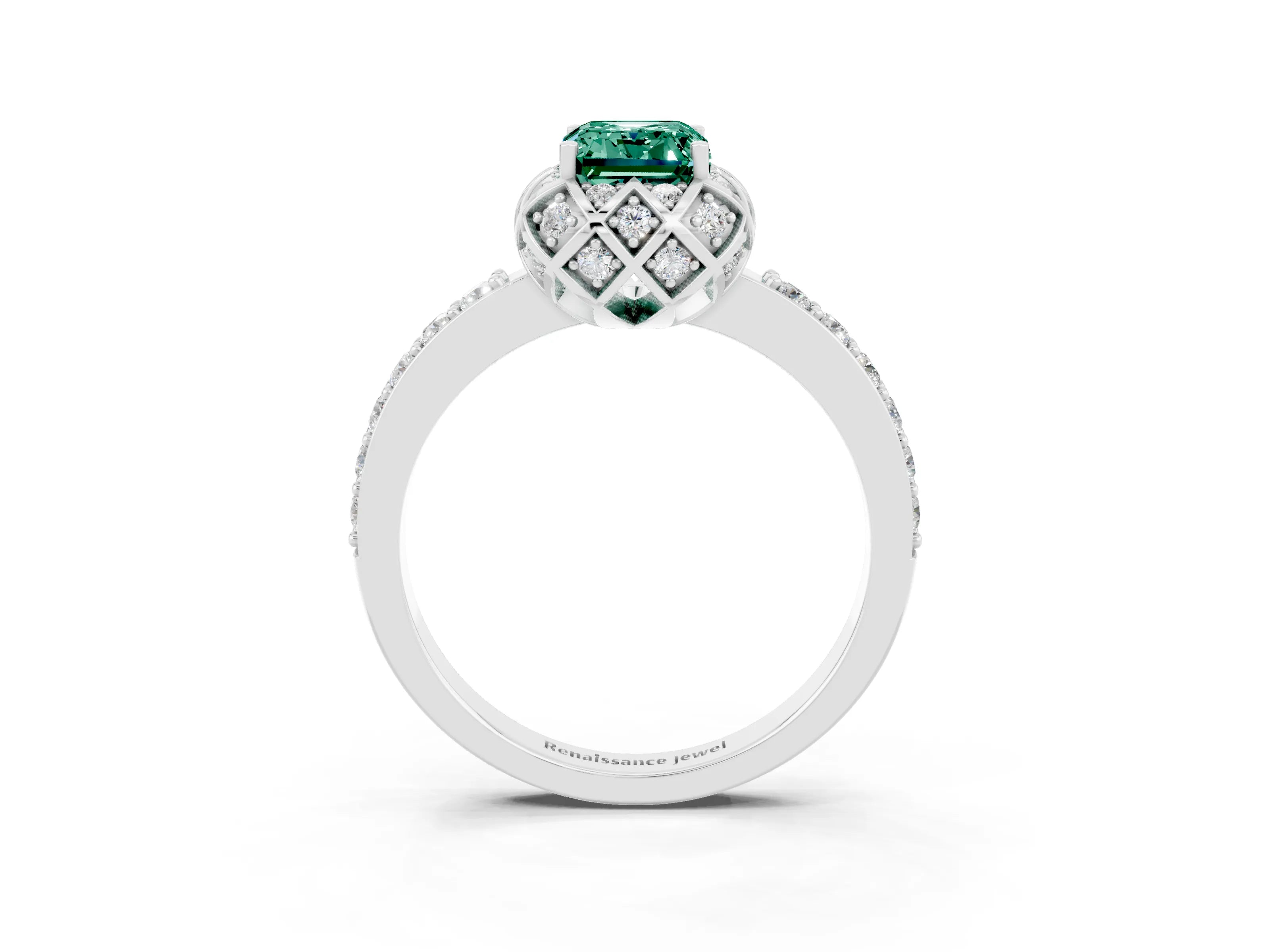 White gold Emerald Cut Diamond Solitaire Ring with Shared Prong Pavé Band_3