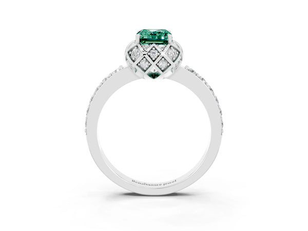 Platinum Emerald Cut Green Sapphire Scalloped Halo Engagement Ring with Round Shared Prong Band