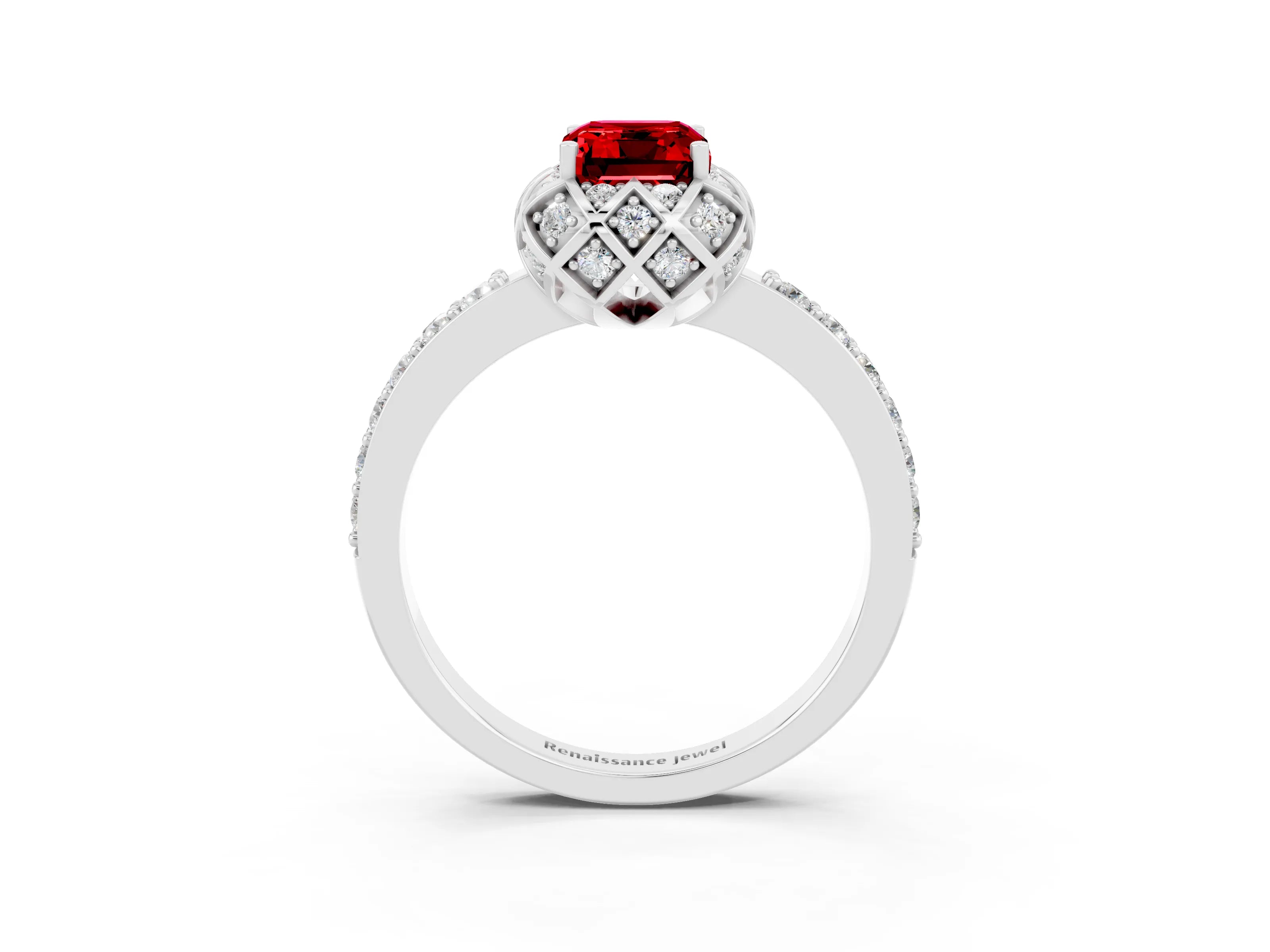White gold Emerald Cut Diamond Solitaire Ring with Shared Prong Pavé Band_3