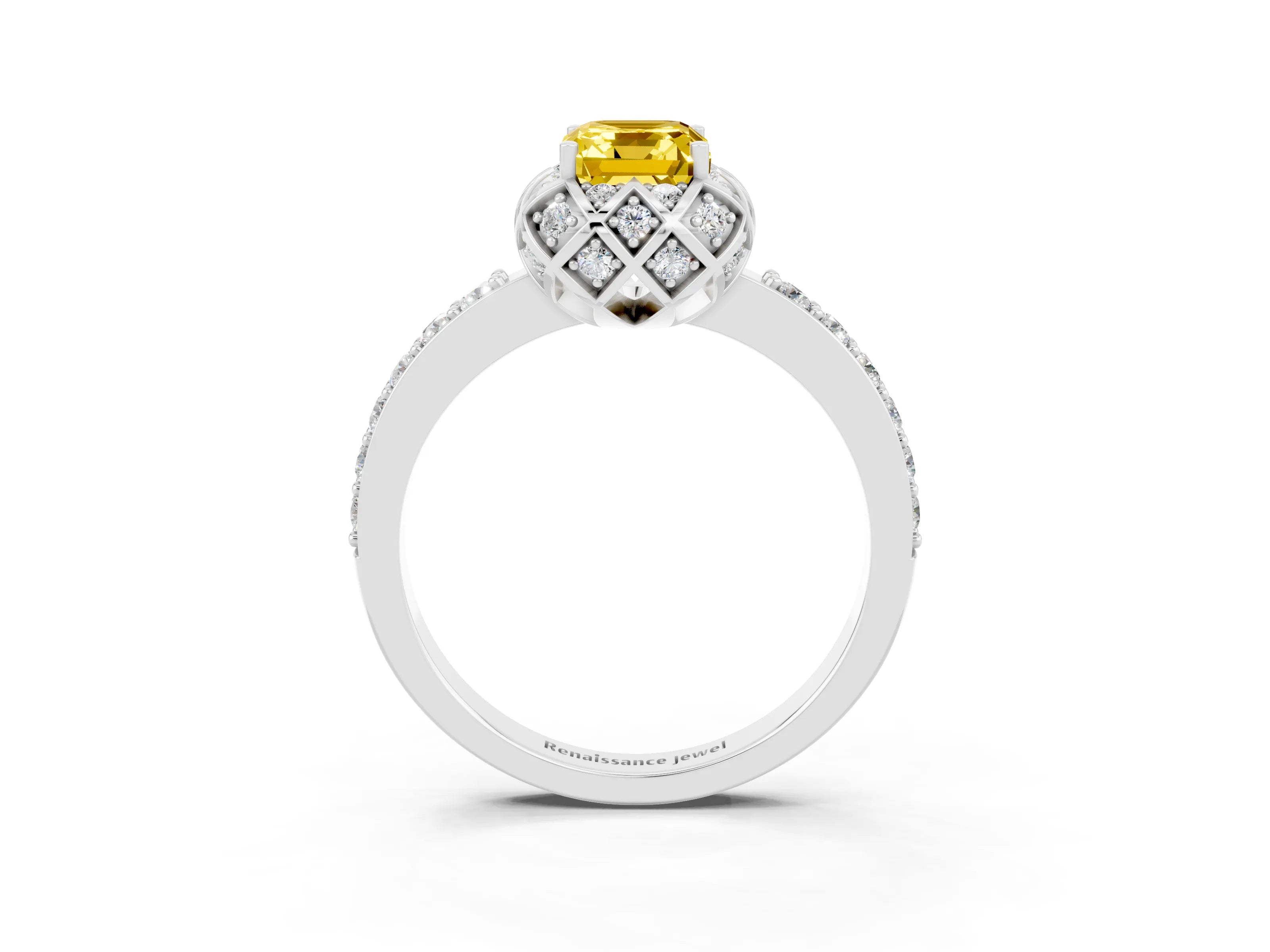 White gold Emerald Cut Diamond Solitaire Ring with Shared Prong Pavé Band_3