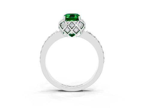 White gold Emerald Cut Diamond Solitaire Ring with Shared Prong Pavé Band_3